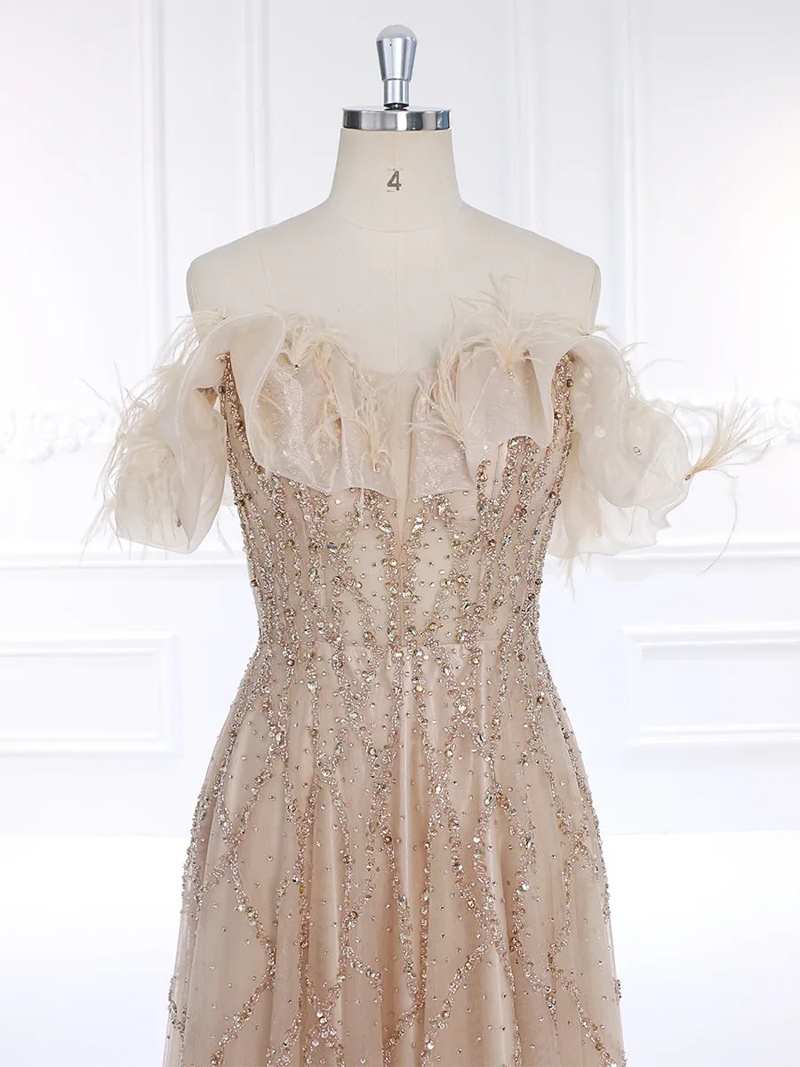 Nude Champagne Off Shoulder Bling Beaded Evening Dresses