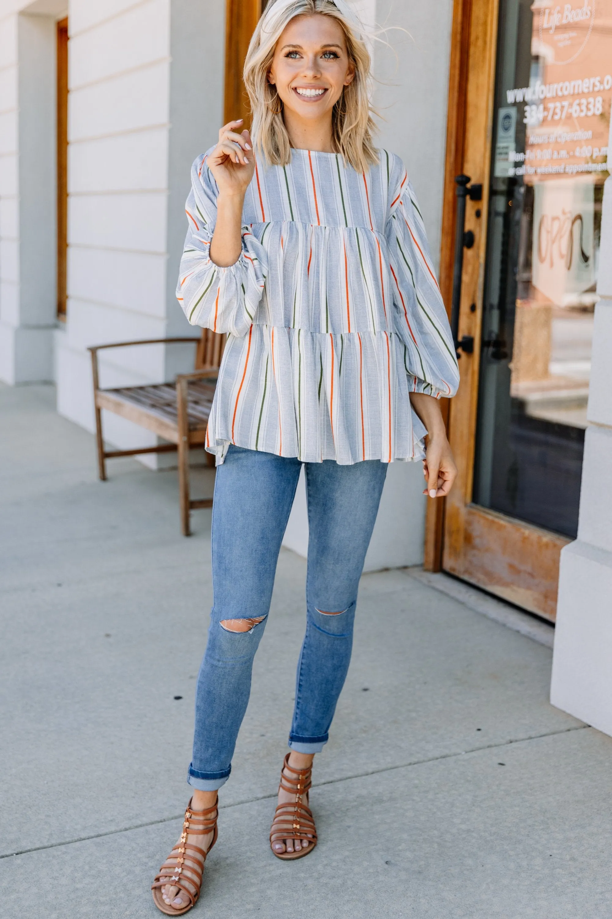 Off To Anywhere Navy Blue Striped Babydoll Top