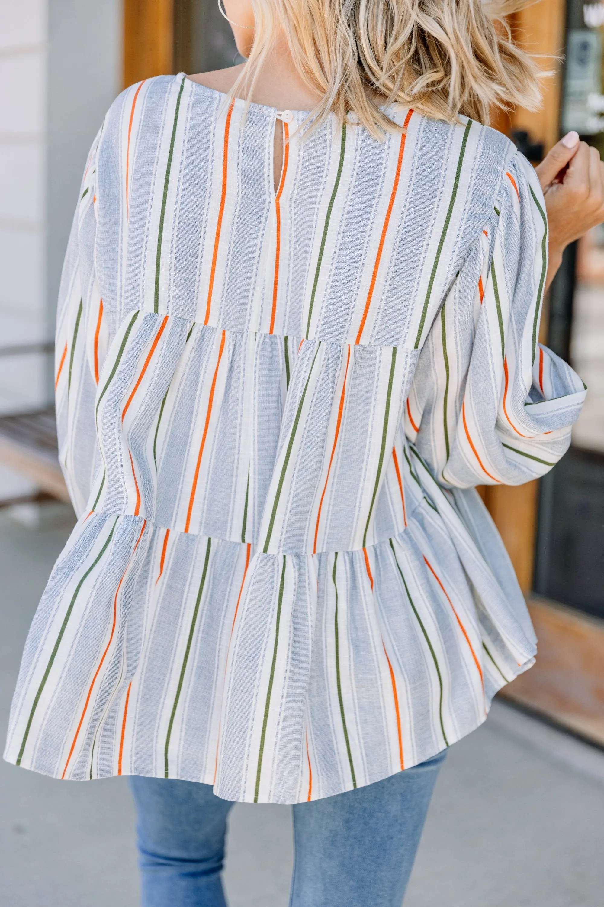 Off To Anywhere Navy Blue Striped Babydoll Top