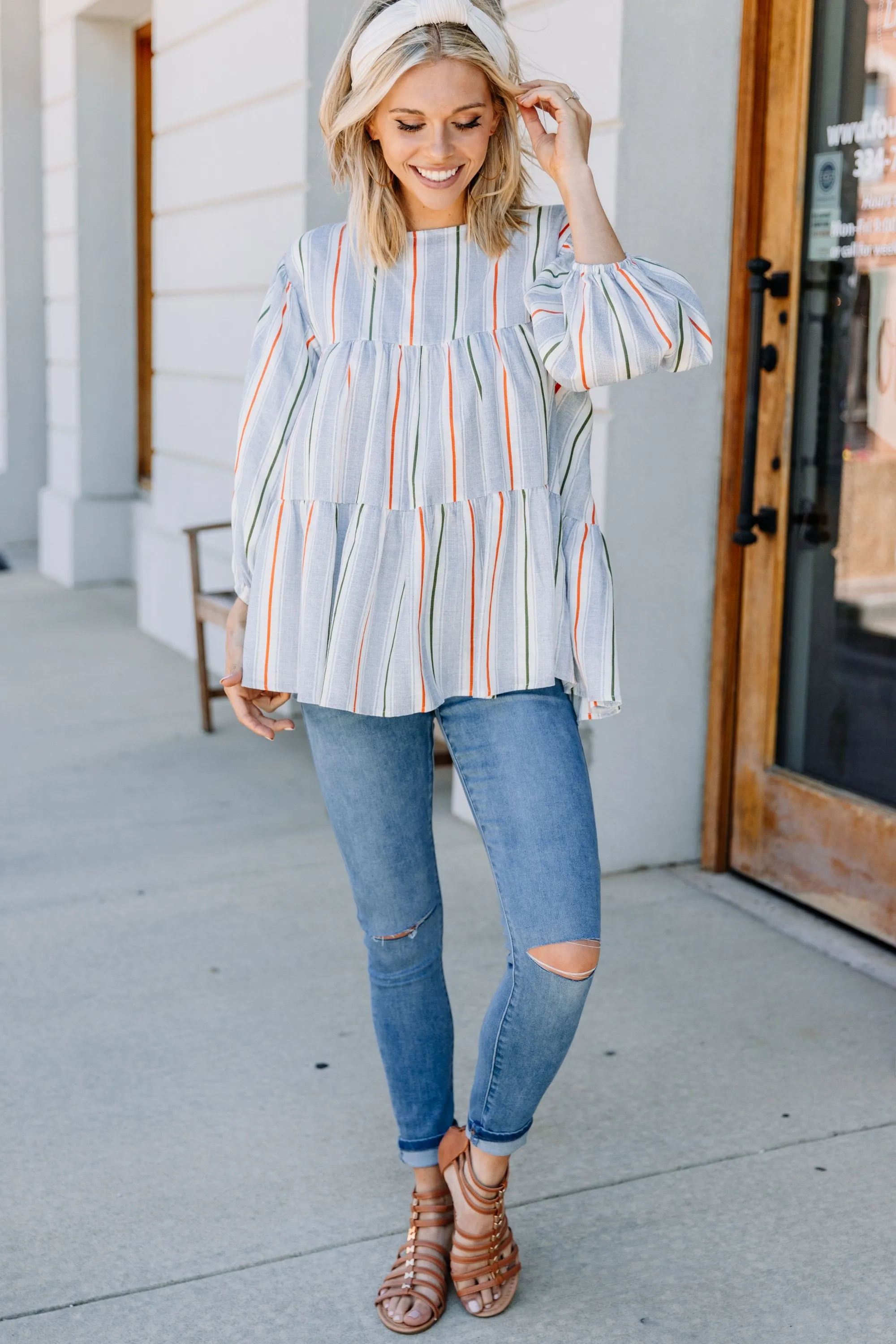 Off To Anywhere Navy Blue Striped Babydoll Top