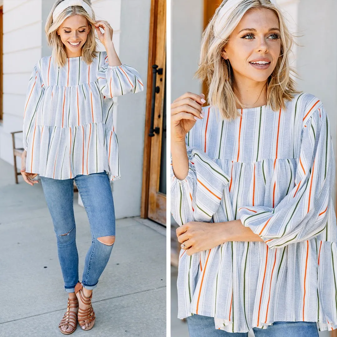 Off To Anywhere Navy Blue Striped Babydoll Top