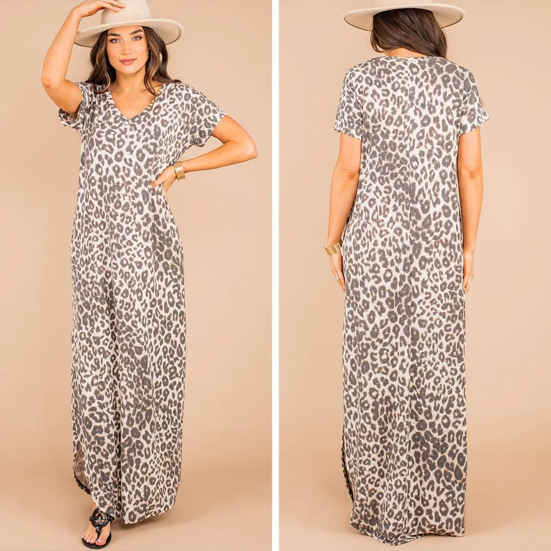 On The Hunt Mocha Brown Leopard Maxi Dress