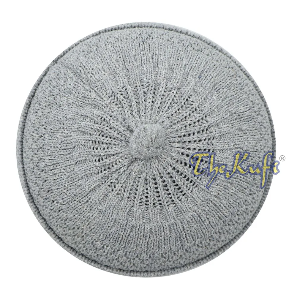 One-Size Light Grey Thick-Weave Stretchy Double Layer Warm Cotton-Acrylic Beanie Hat With Pompom