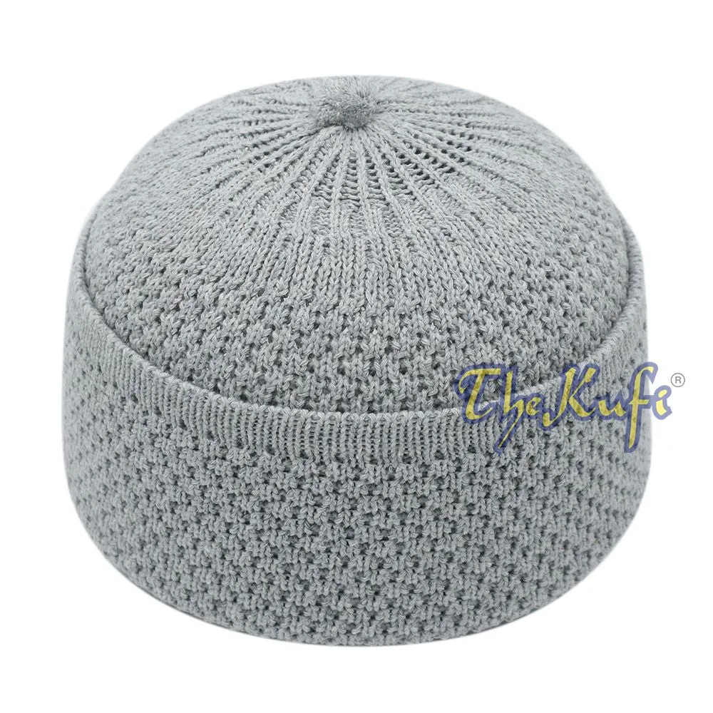 One-Size Light Grey Thick-Weave Stretchy Double Layer Warm Cotton-Acrylic Beanie Hat With Pompom
