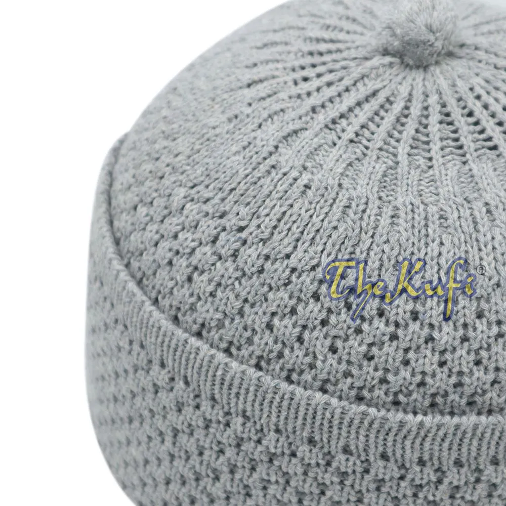 One-Size Light Grey Thick-Weave Stretchy Double Layer Warm Cotton-Acrylic Beanie Hat With Pompom