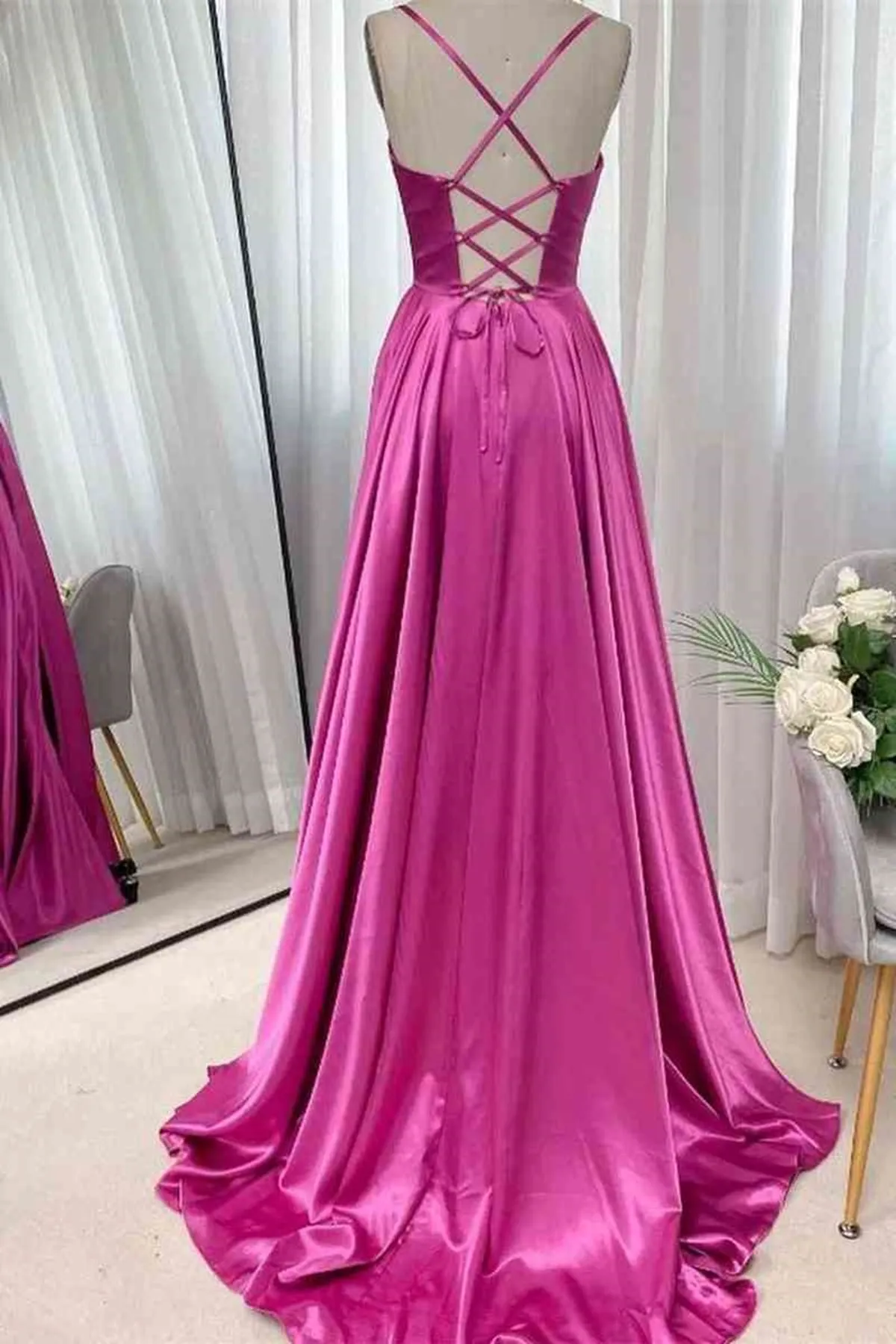 Open Back Fuchsia Satin Ruched Long Prom Dress, Long Fuchsia Formal Graduation Evening Dress A1826