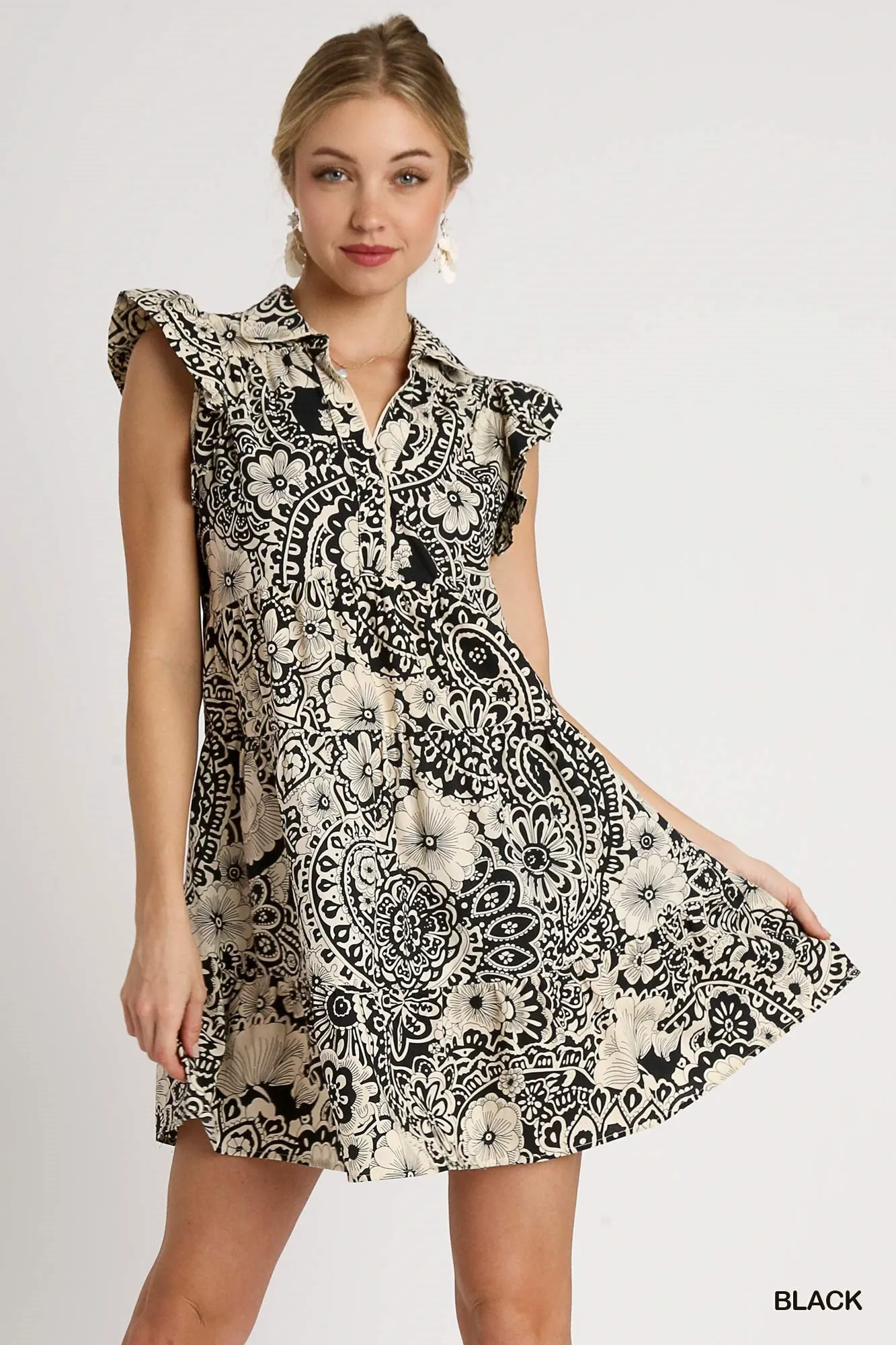 PAISLEY PRINT V NECK BABYDOLL COLLARED DRESS W/RUFFLED CAP SLEEVES