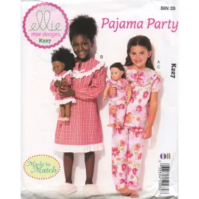 Pajama Party Girls' and 18" Doll Ruffled, Notch-Neck Top, Dress and Pants Pattern