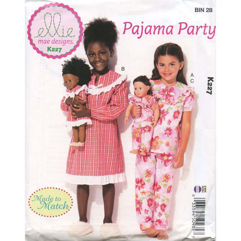 Pajama Party Girls' and 18" Doll Ruffled, Notch-Neck Top, Dress and Pants Pattern