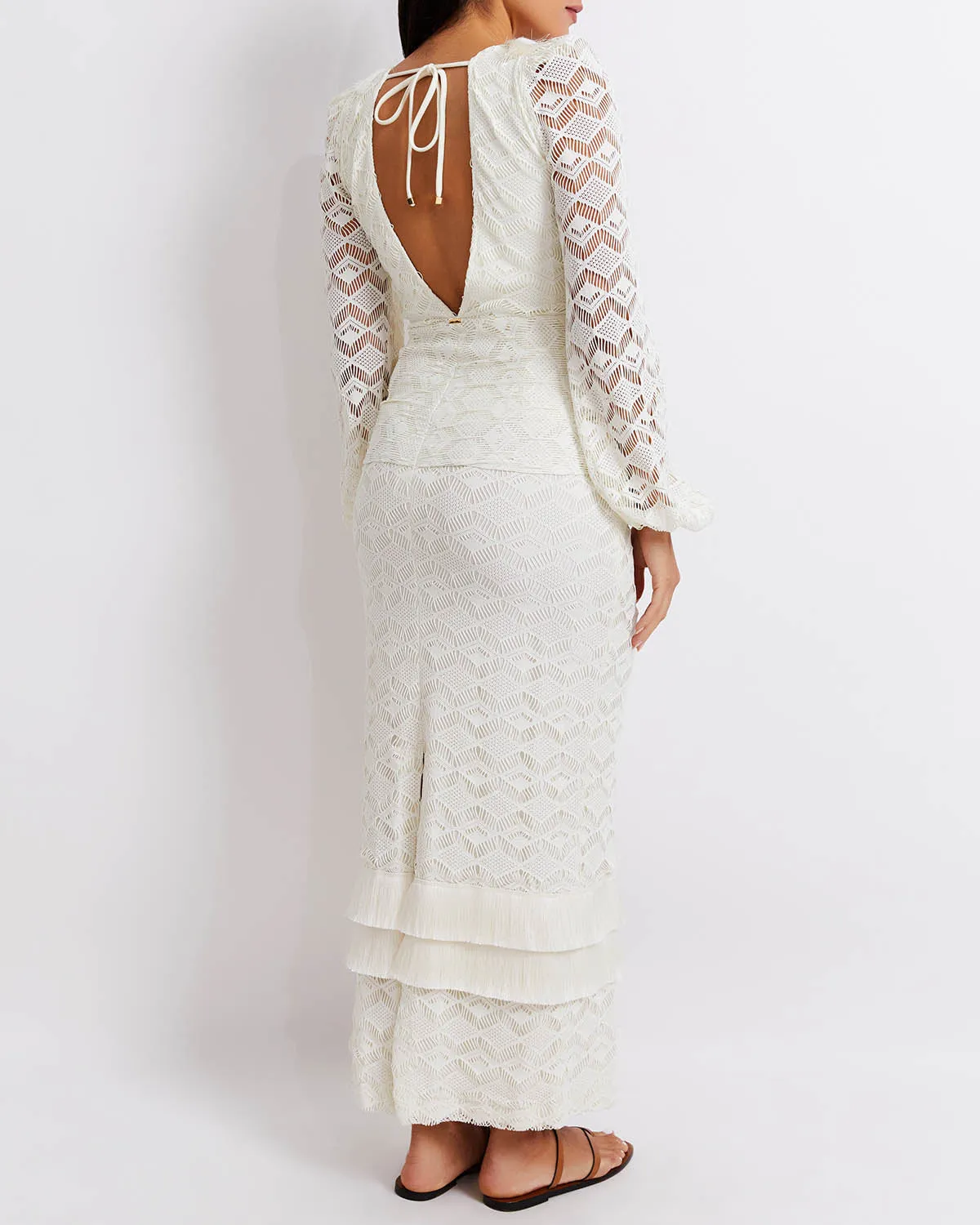 PatBo Crochet Plunge Fringe Trim Maxi Dress