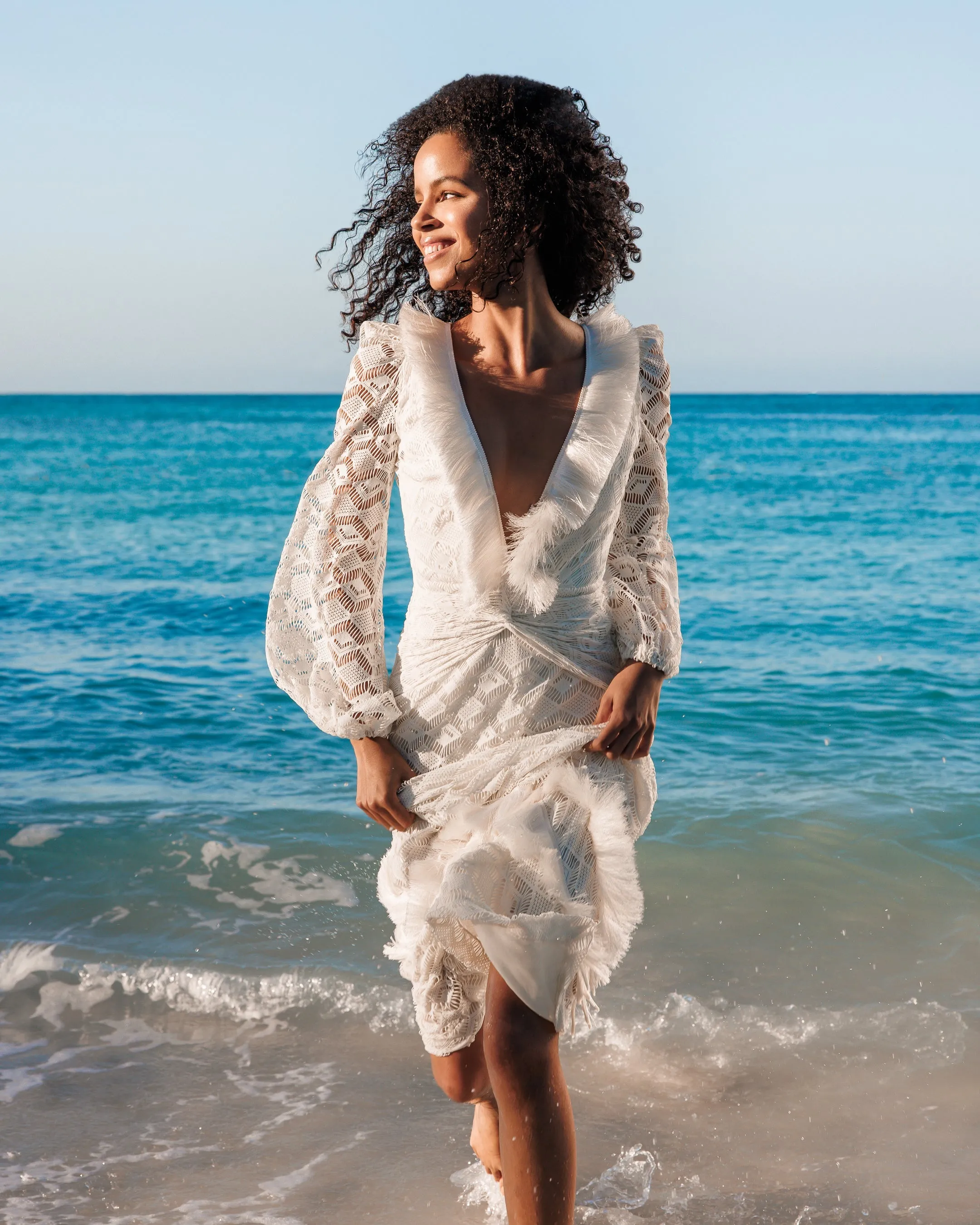 PatBo Crochet Plunge Fringe Trim Maxi Dress