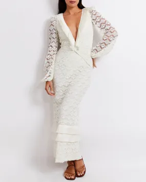 PatBo Crochet Plunge Fringe Trim Maxi Dress