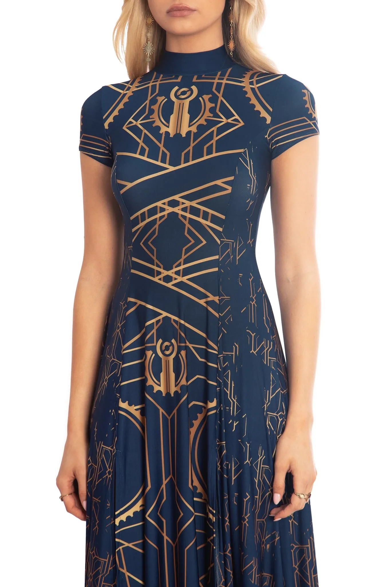 Piltover High Neck Cap Sleeve Split Maxi Dress