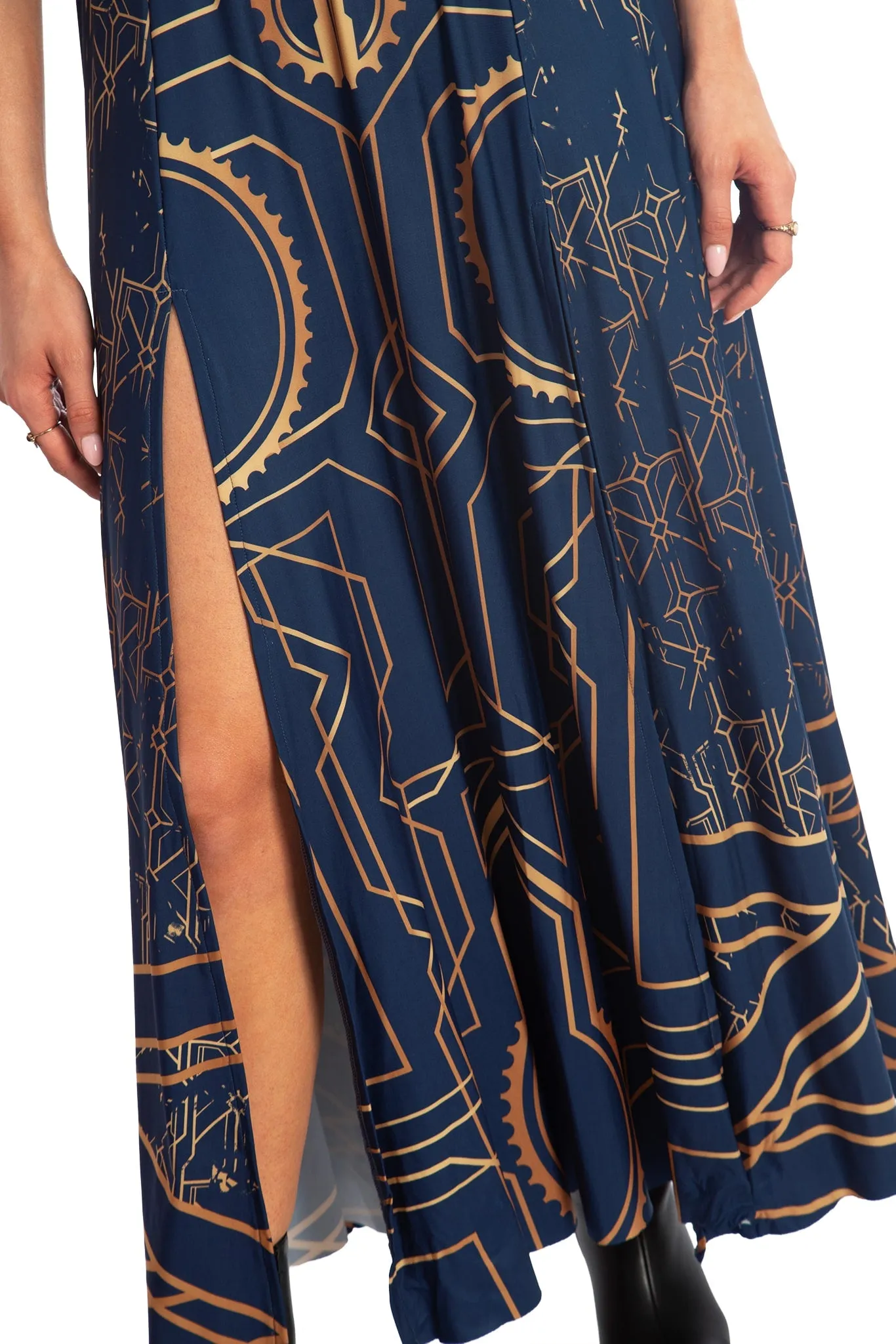 Piltover High Neck Cap Sleeve Split Maxi Dress