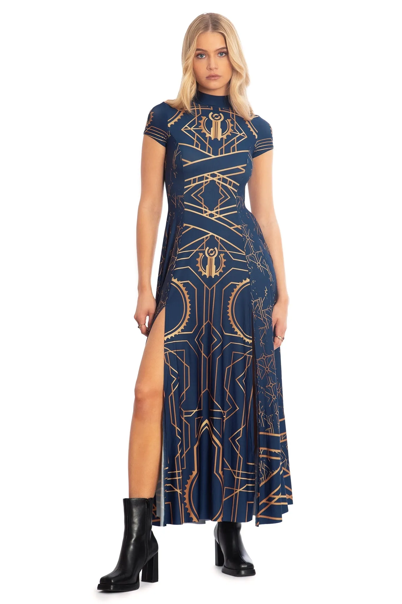 Piltover High Neck Cap Sleeve Split Maxi Dress