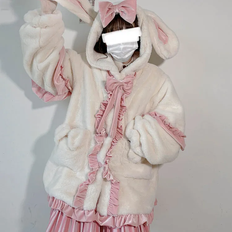 Pink White Winter Rabbit Bunny Ears Velvet Plush Jacket Coat