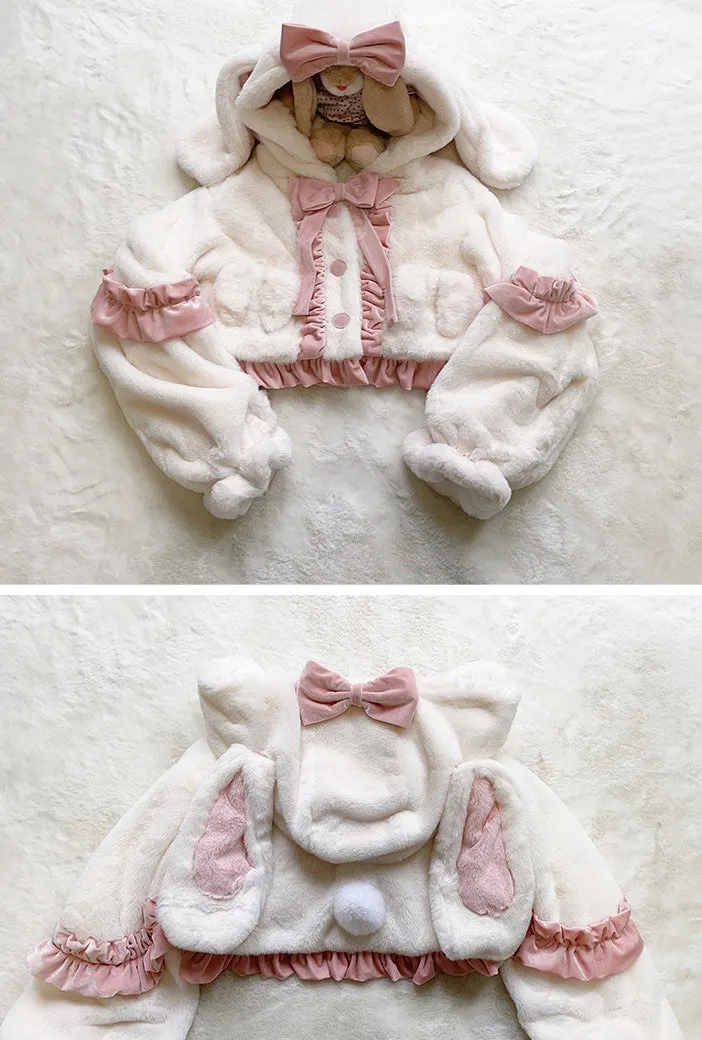 Pink White Winter Rabbit Bunny Ears Velvet Plush Jacket Coat