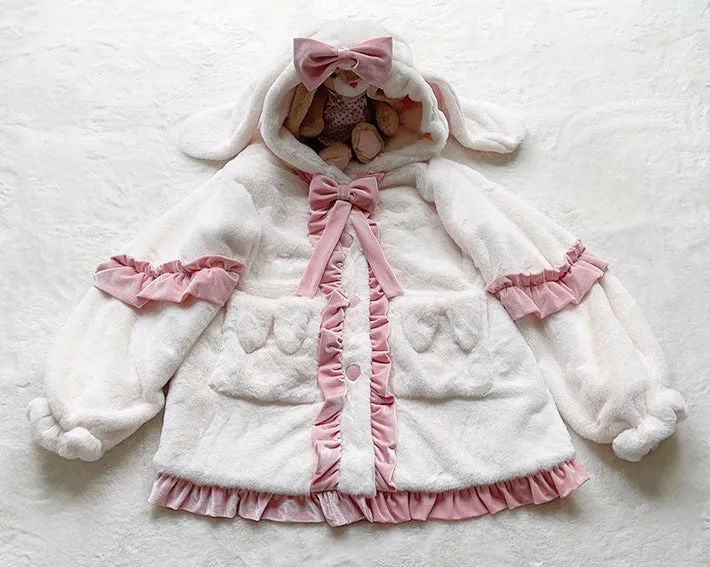 Pink White Winter Rabbit Bunny Ears Velvet Plush Jacket Coat
