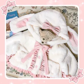 Pink White Winter Rabbit Bunny Ears Velvet Plush Jacket Coat