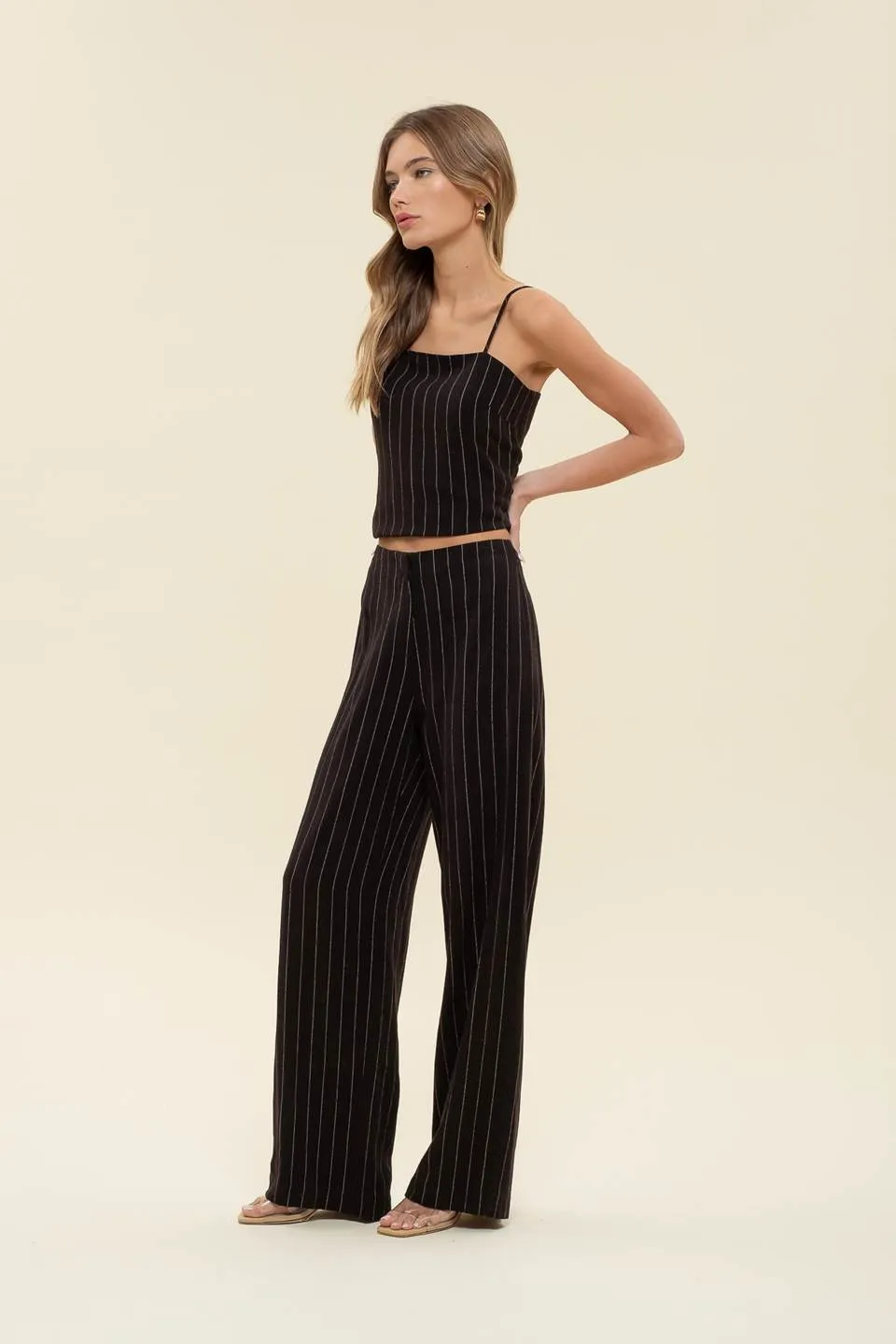 PINSTRIPE WIDE LEG LINEN DRESS PANTS