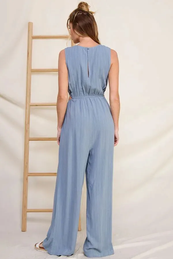 PINSTRIPED LINEN V-NECK JUMPSUIT