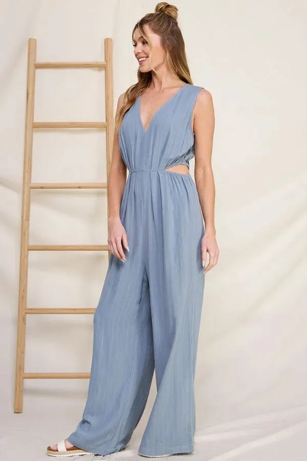 PINSTRIPED LINEN V-NECK JUMPSUIT