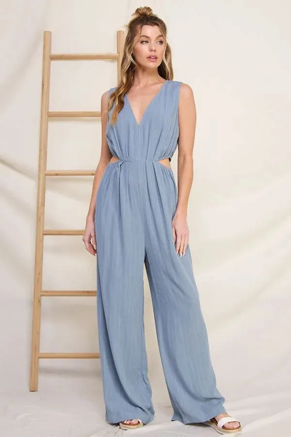 PINSTRIPED LINEN V-NECK JUMPSUIT