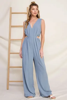 PINSTRIPED LINEN V-NECK JUMPSUIT