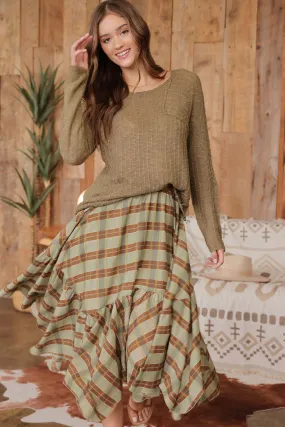 PLAID RUFFLE HANDKERCHIEF HEM MIDI SKIRT