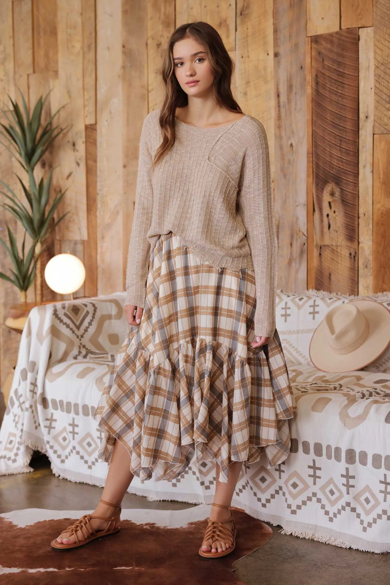 PLAID RUFFLE HANDKERCHIEF HEM MIDI SKIRT