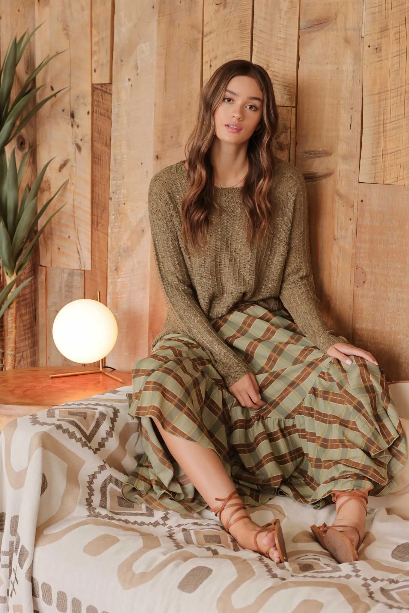 PLAID RUFFLE HANDKERCHIEF HEM MIDI SKIRT