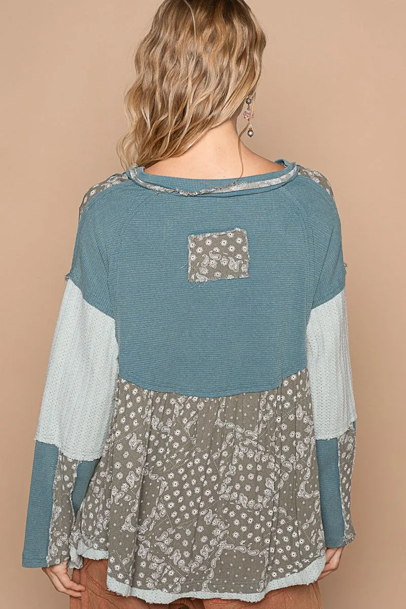 POL Overlay Baby Doll Cut Print and Knitted Top in Teal Multi ON ORDER