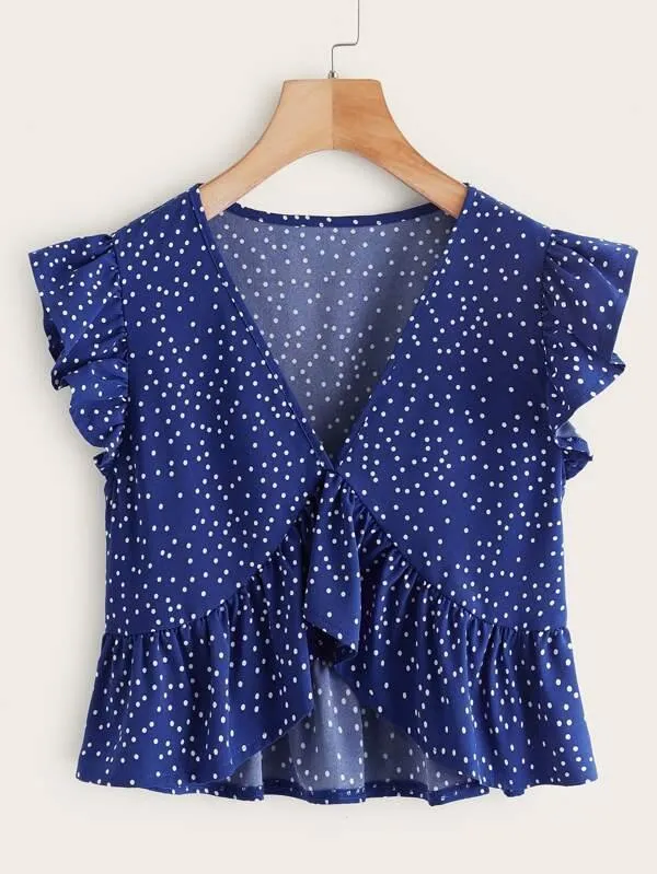 Polka Dot Chiffon Crop Babydoll Blouse