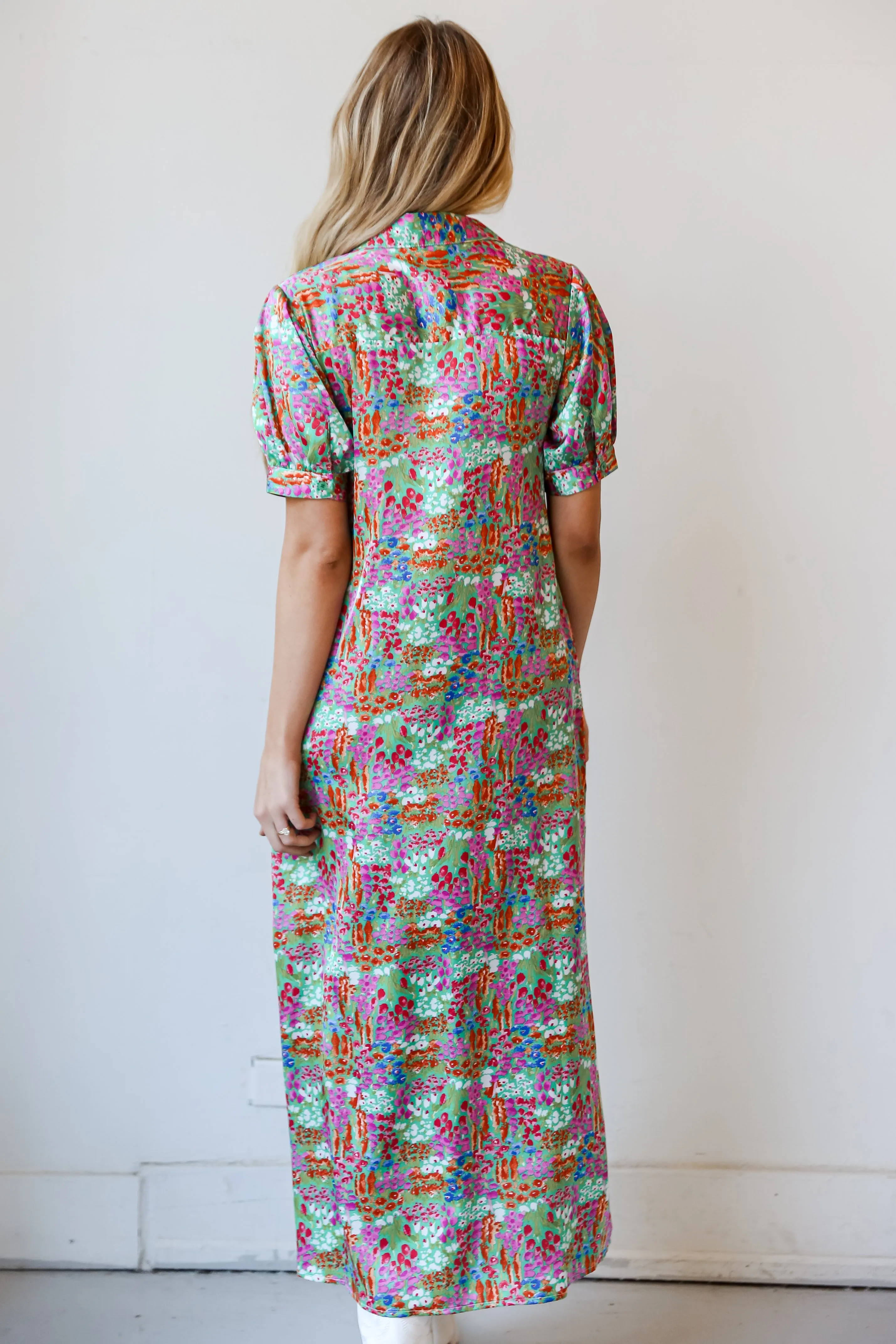 Pretty Demeanor Green Satin Floral Maxi Dress