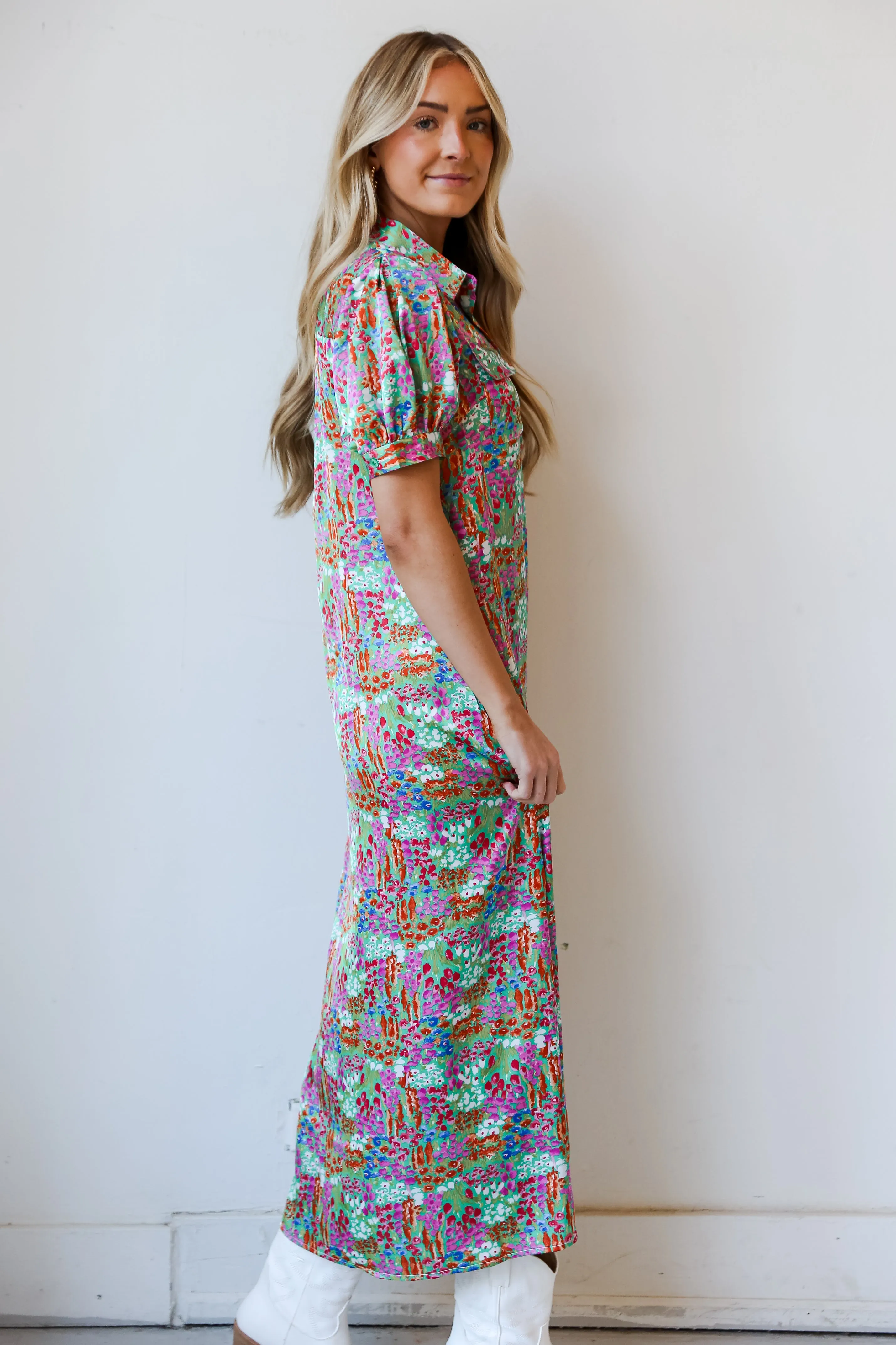 Pretty Demeanor Green Satin Floral Maxi Dress