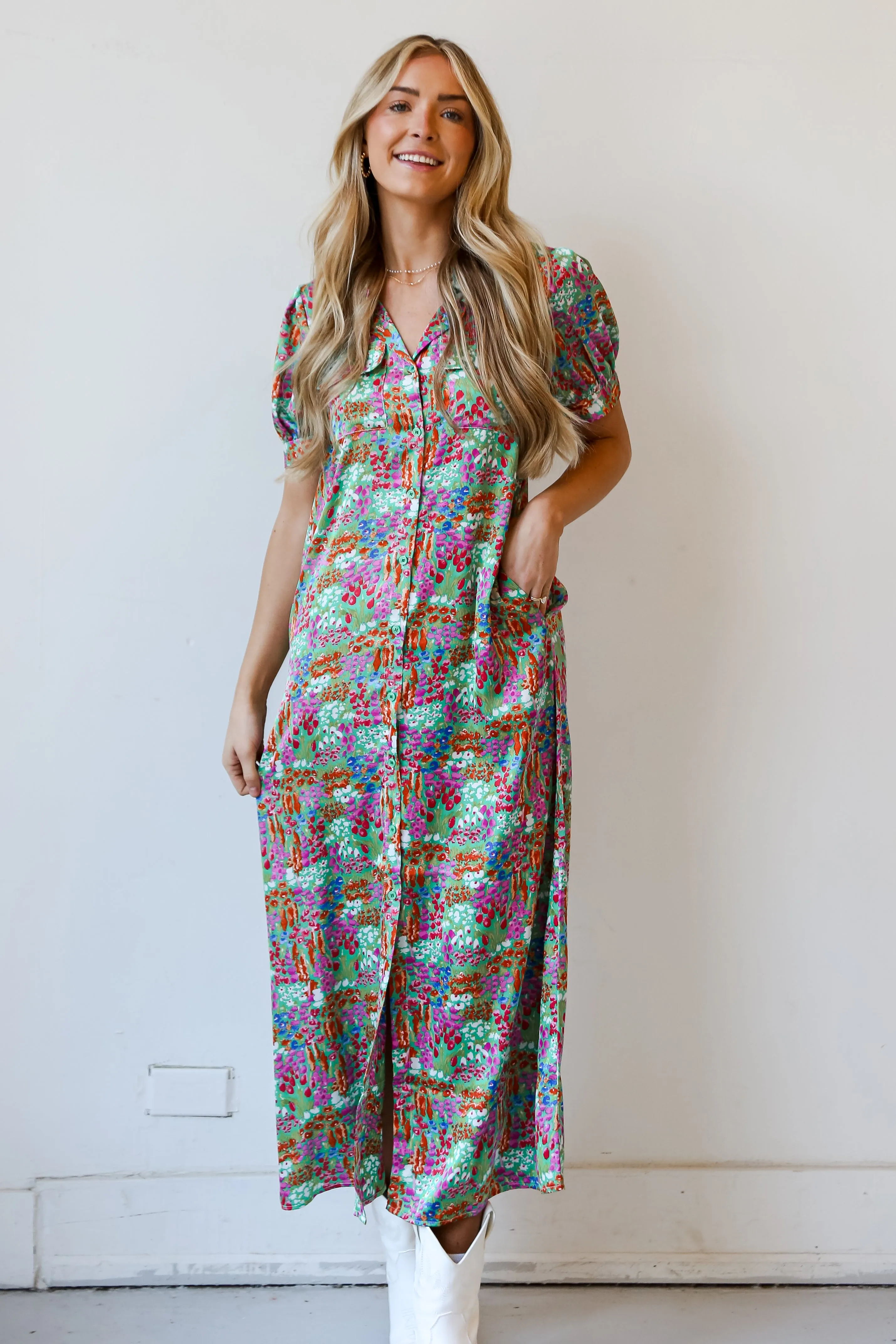Pretty Demeanor Green Satin Floral Maxi Dress