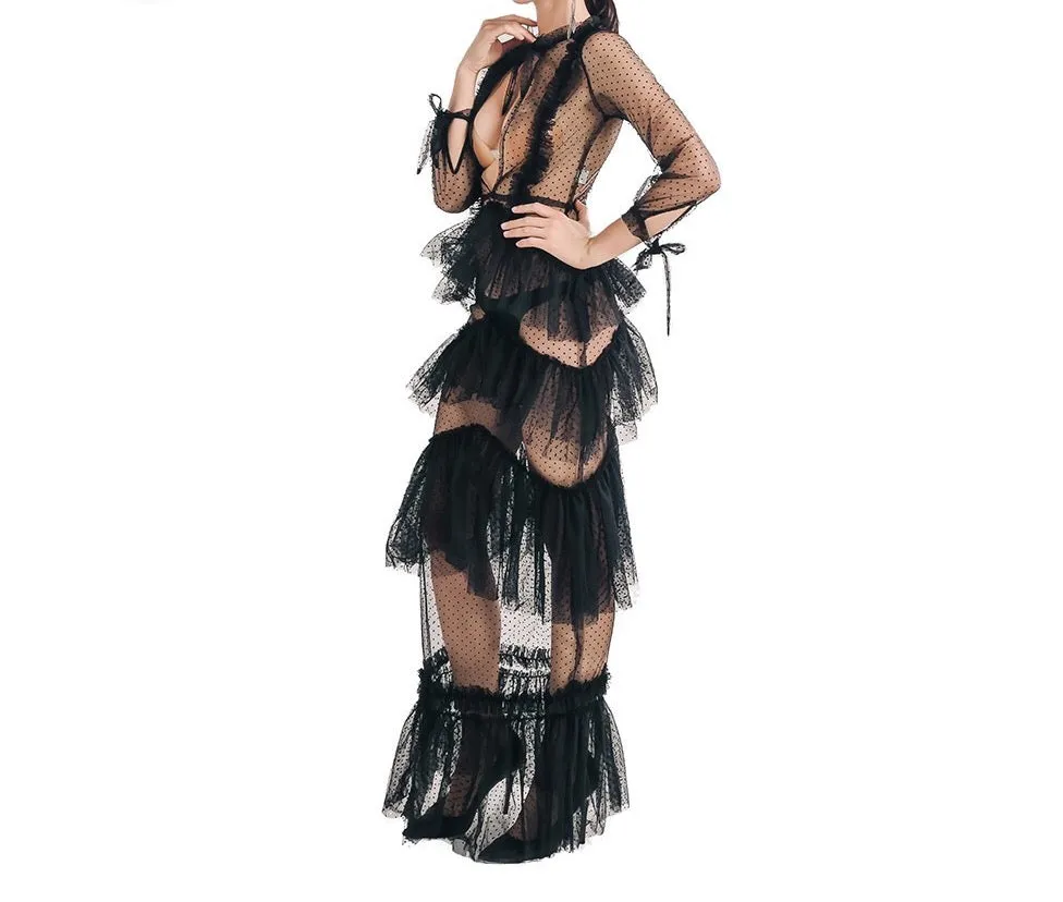 "Renowned" sheer ruffle layer couture maxi dress