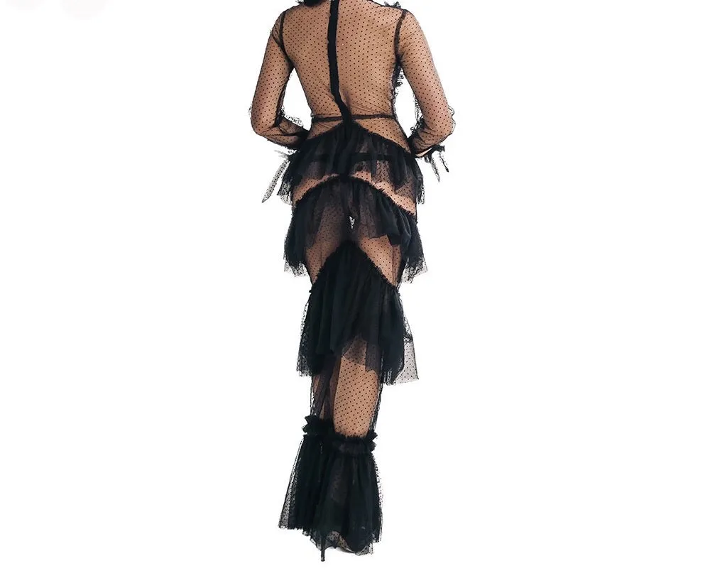 "Renowned" sheer ruffle layer couture maxi dress