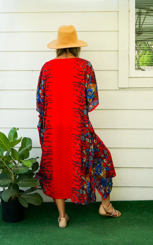 Red Floral Garden Kimono Kaftan Dress