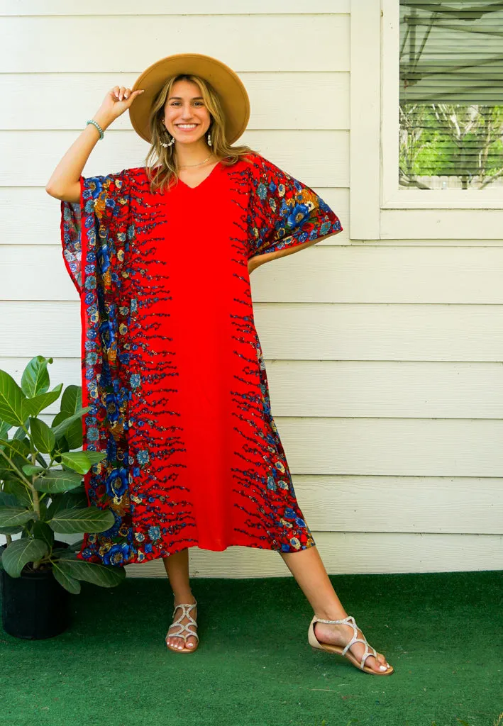 Red Floral Garden Kimono Kaftan Dress