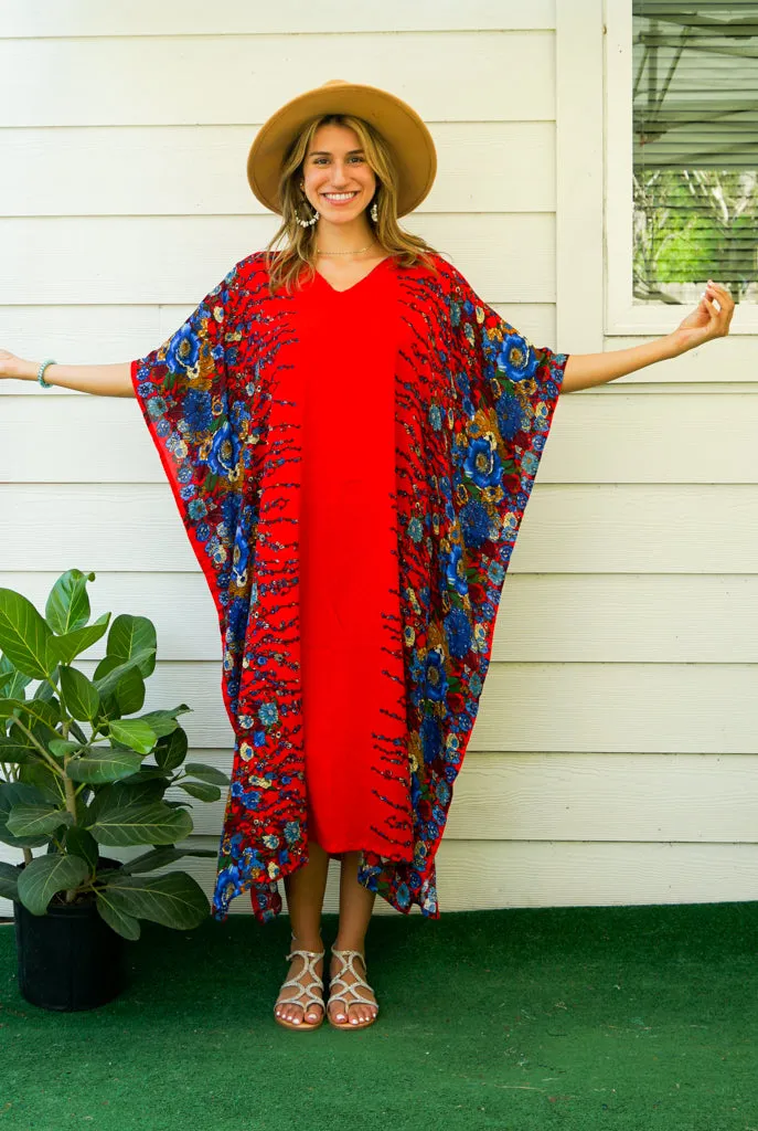 Red Floral Garden Kimono Kaftan Dress