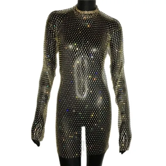 Rhinestone Fishnet Mini Dress