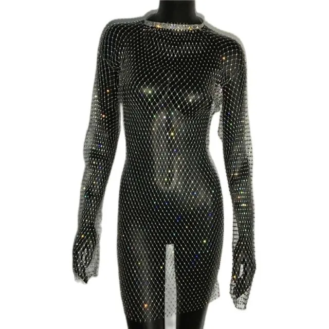 Rhinestone Fishnet Mini Dress