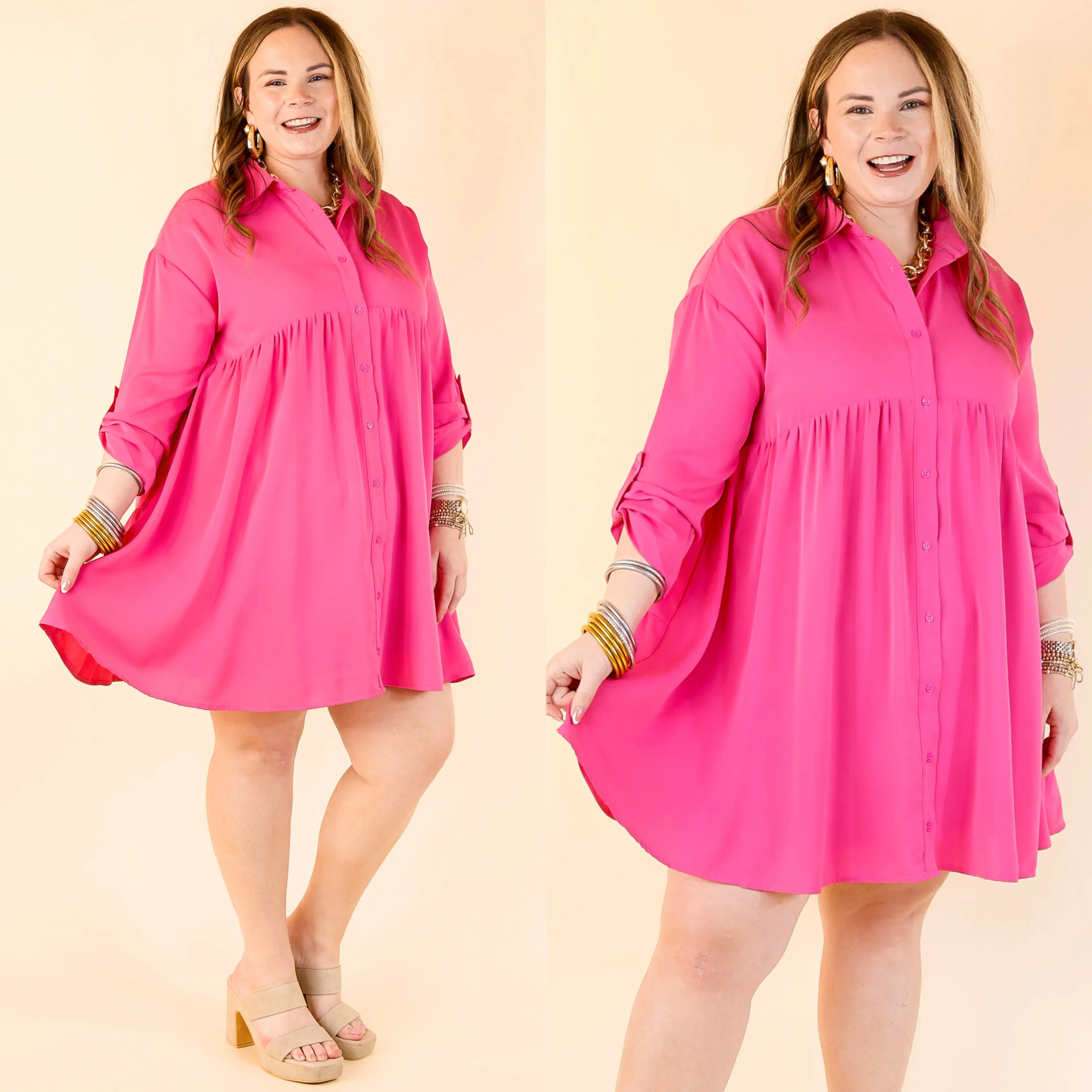 Risky Business Button Up Babydoll Dress in Pink
