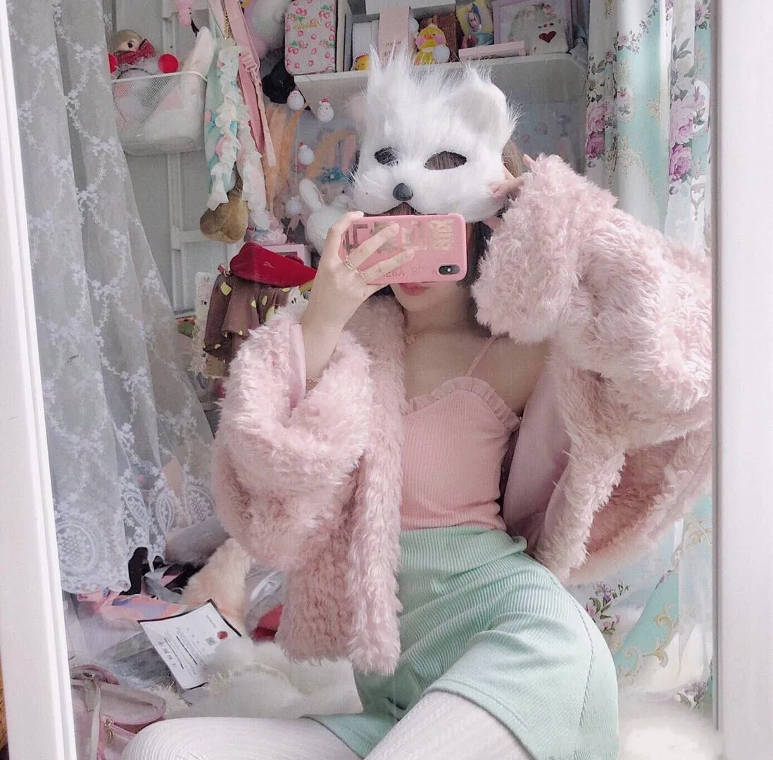 Romance Smoky Pink Plush Sailor Collar Winter Faux Fur Jacket Coat