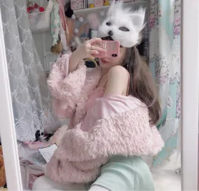 Romance Smoky Pink Plush Sailor Collar Winter Faux Fur Jacket Coat