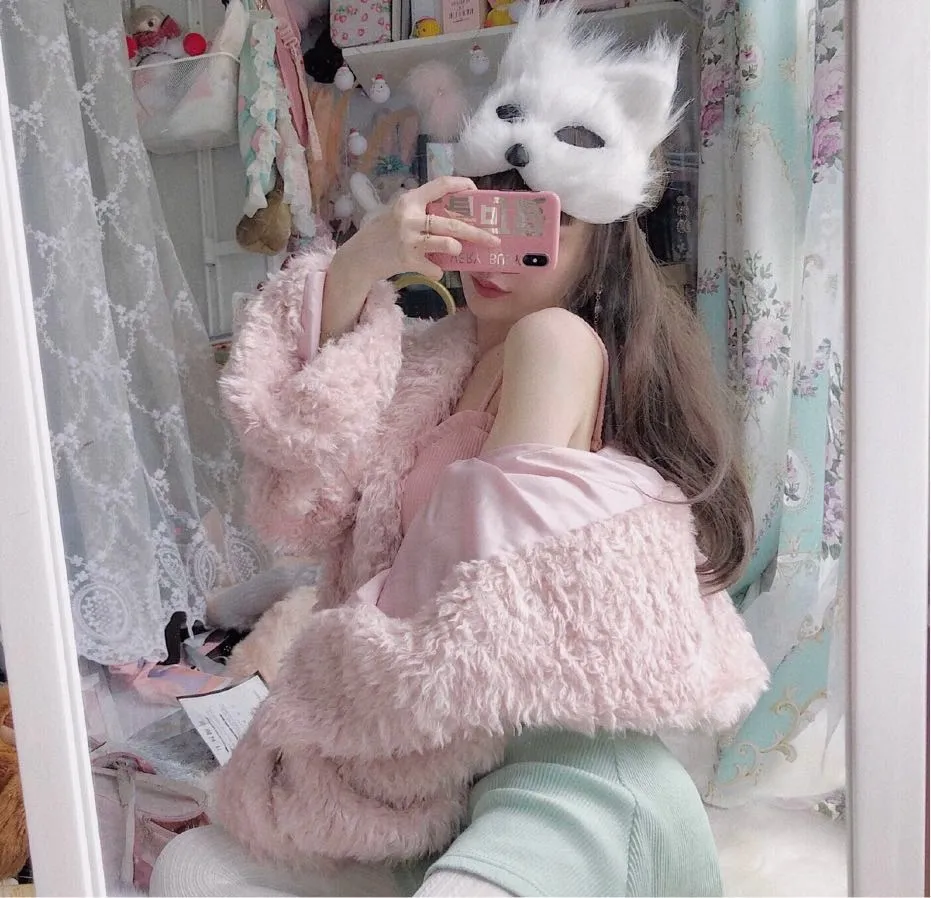 Romance Smoky Pink Plush Sailor Collar Winter Faux Fur Jacket Coat