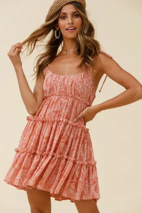 Rumi String Tie Babydoll Dress Leaf Print Pink