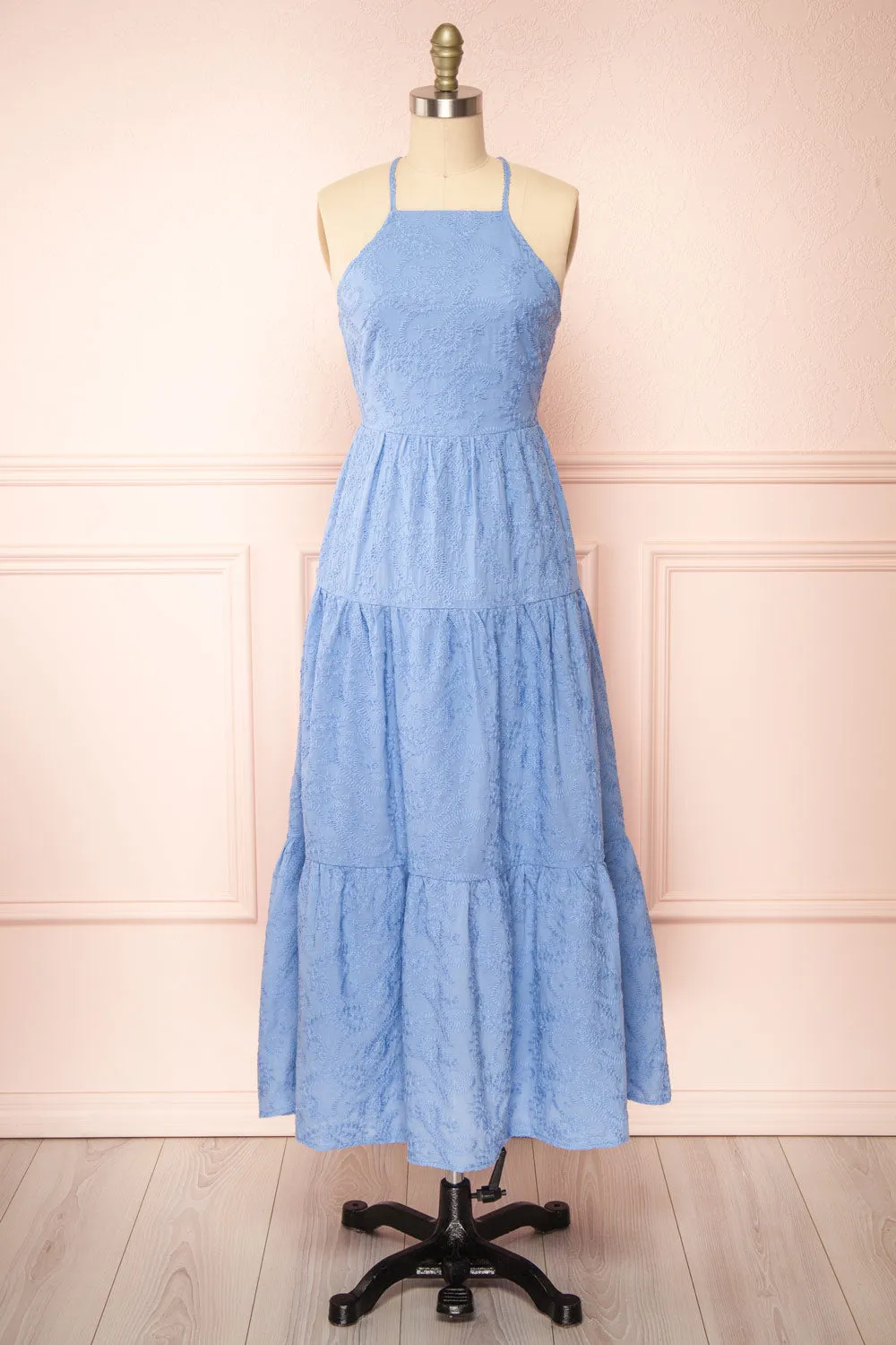 Sangarios | Blue Midi Dress w/ Floral Embroidery