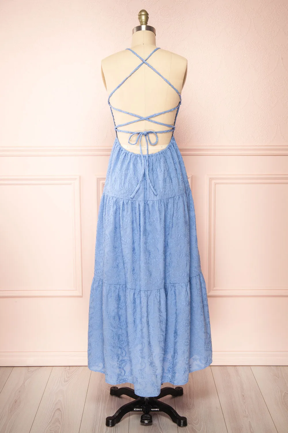 Sangarios | Blue Midi Dress w/ Floral Embroidery